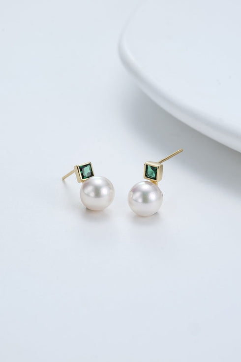7-8mm White Akoya Green Zirconia Sasha Stud Earrings